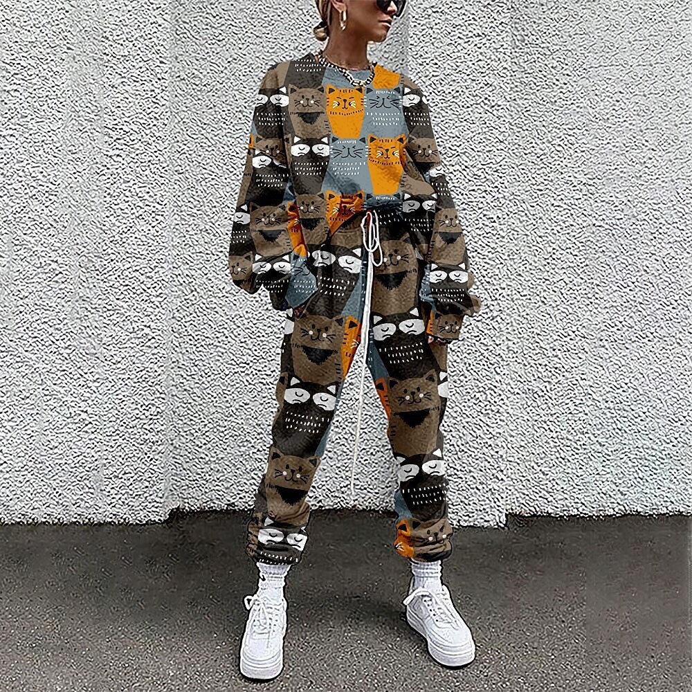 2023 Autumn New Women's 3D Printed Cat Long Sleeve Round Neck Loose Casual Set for Women