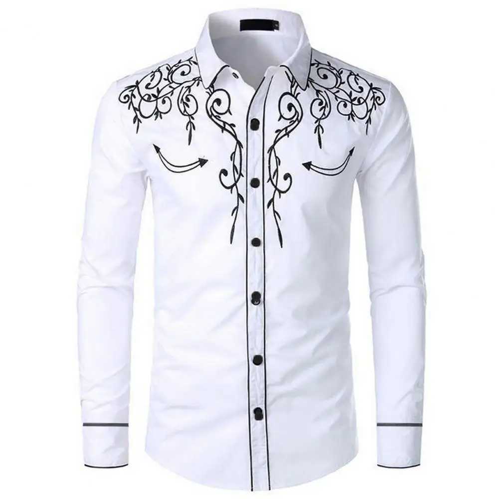 Mens Fashion Embroidered Shirt Western Cowboy Style Long Sleeve Collar Single Chest Shirt Embroidered Casual Shirt Top X250324