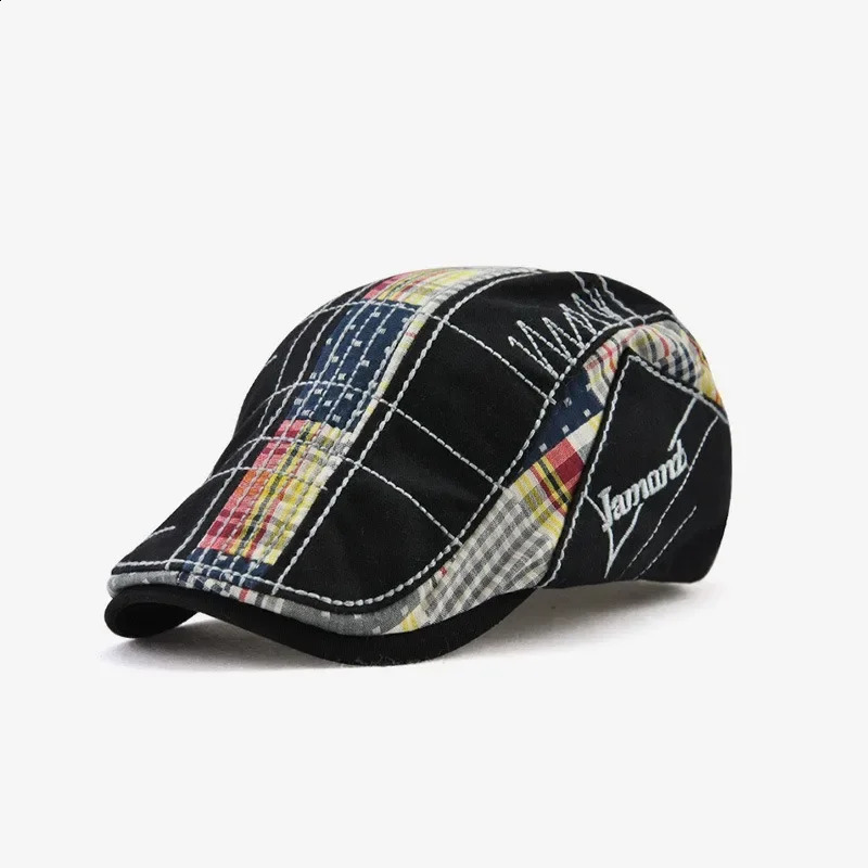 Europ American Leisure Forward Hat Men Irregular Embroidered Beret Plaid Spliced Baseball Cap Male Spring Autumn Sunshade Women 250321