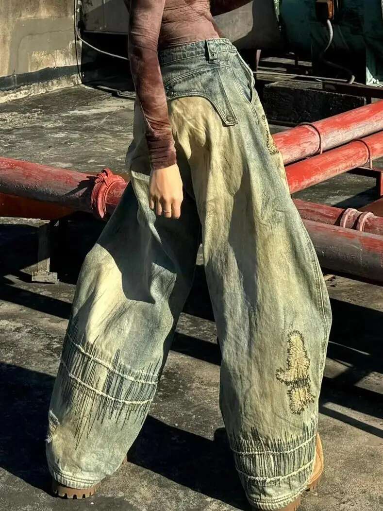 American Heavy Industry Production Jeans Large Size Washed Distressed Hete Straight Pant Haruku Street Loose Overalls