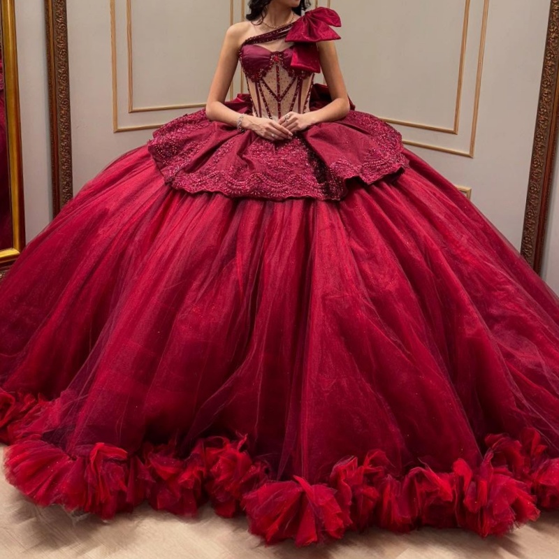 Red Sweetheart Quinceanera Dresses Off The Shoulder Sequin Applique Beads Bow Tulle Party Birthday Vestidos De 15 Anos Sweet 16 Anos