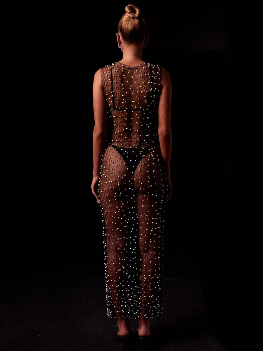 Womens transparent mesh dress sleeveless round neck pearl long bikini covered 250324