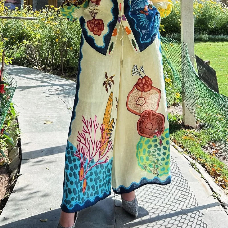 Women Casual Loose Lantern Sleeve Shirts Two Piece Sets Summer Patchwork Vintage Print Wide Leg Pants Sets Chic Women Outfits 250324