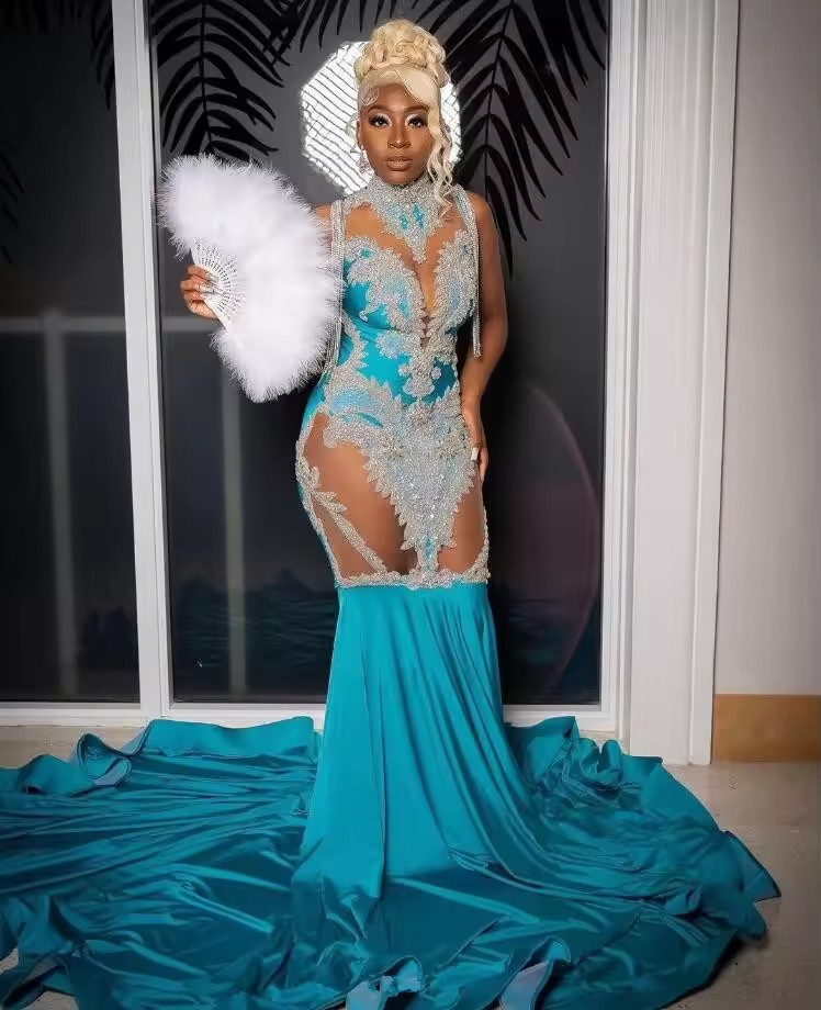 Customized Sexy 2025 Blue Satin Mermaid Prom Dresses Lace Appliuqes Formal Evening Ocn Gown For Black Girls vestidos de ga
