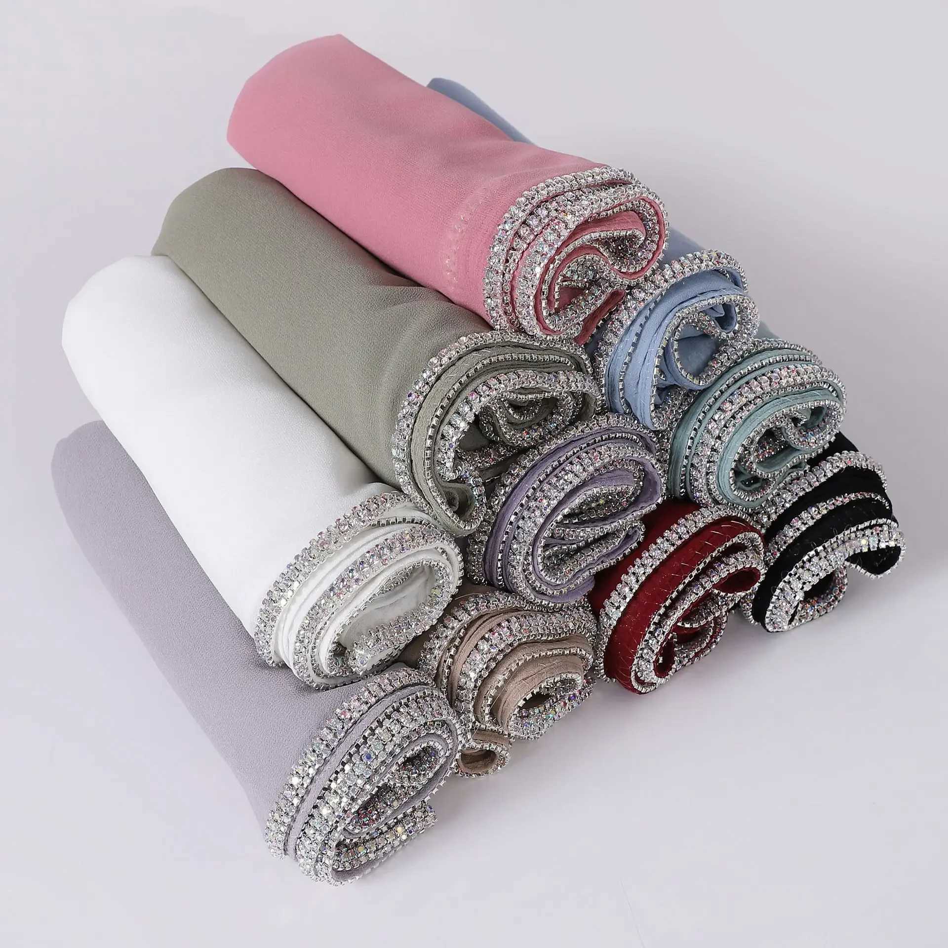 New high-quality diamond long edge chiffon scarf veil African headscarf Malay scarf Muslim headscarf shawl packaging 2025 X250324