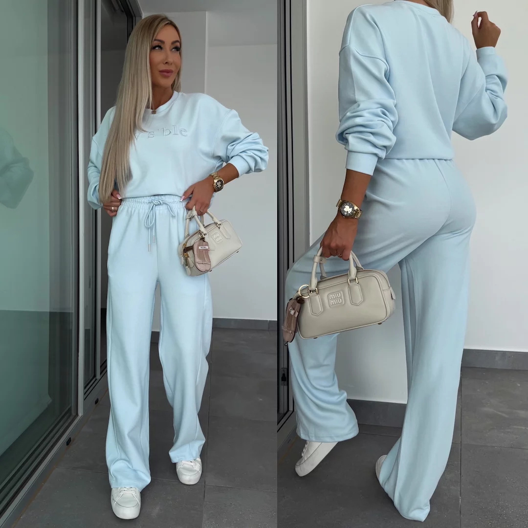 2025 Spring New Solid Color Round Neck Long Sleeve Letter Embroidered Hoodie Strap Pants Two Piece Set