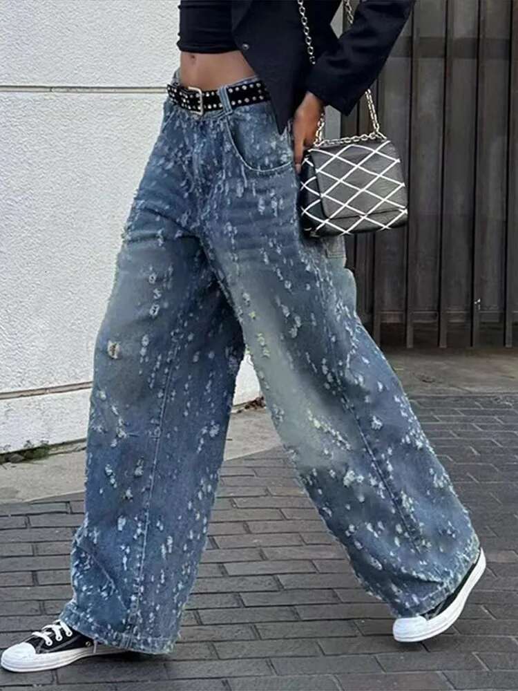 Denim Tassels Gradient Pants Women Wide Leg High Waist Straight Street Chic Jeans Female 2025 Spring Fashion Pocket Lady Trouser