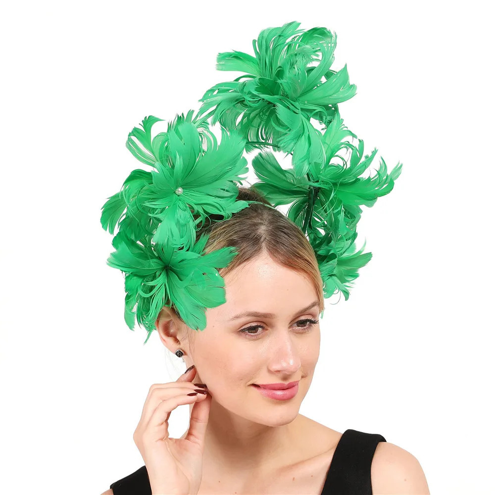 Feather Flower Headdress Vintage Horse s pearl hair with Exaggerate hat and green hair loop 250320