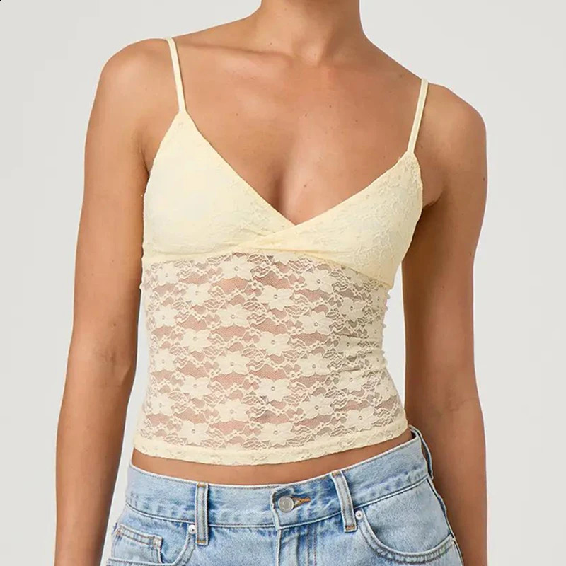 Maemukilabe floral lace camis top womens sexy sleeveless see through shirt vest Coquette V-neck backless crop top womens club uniform 250320