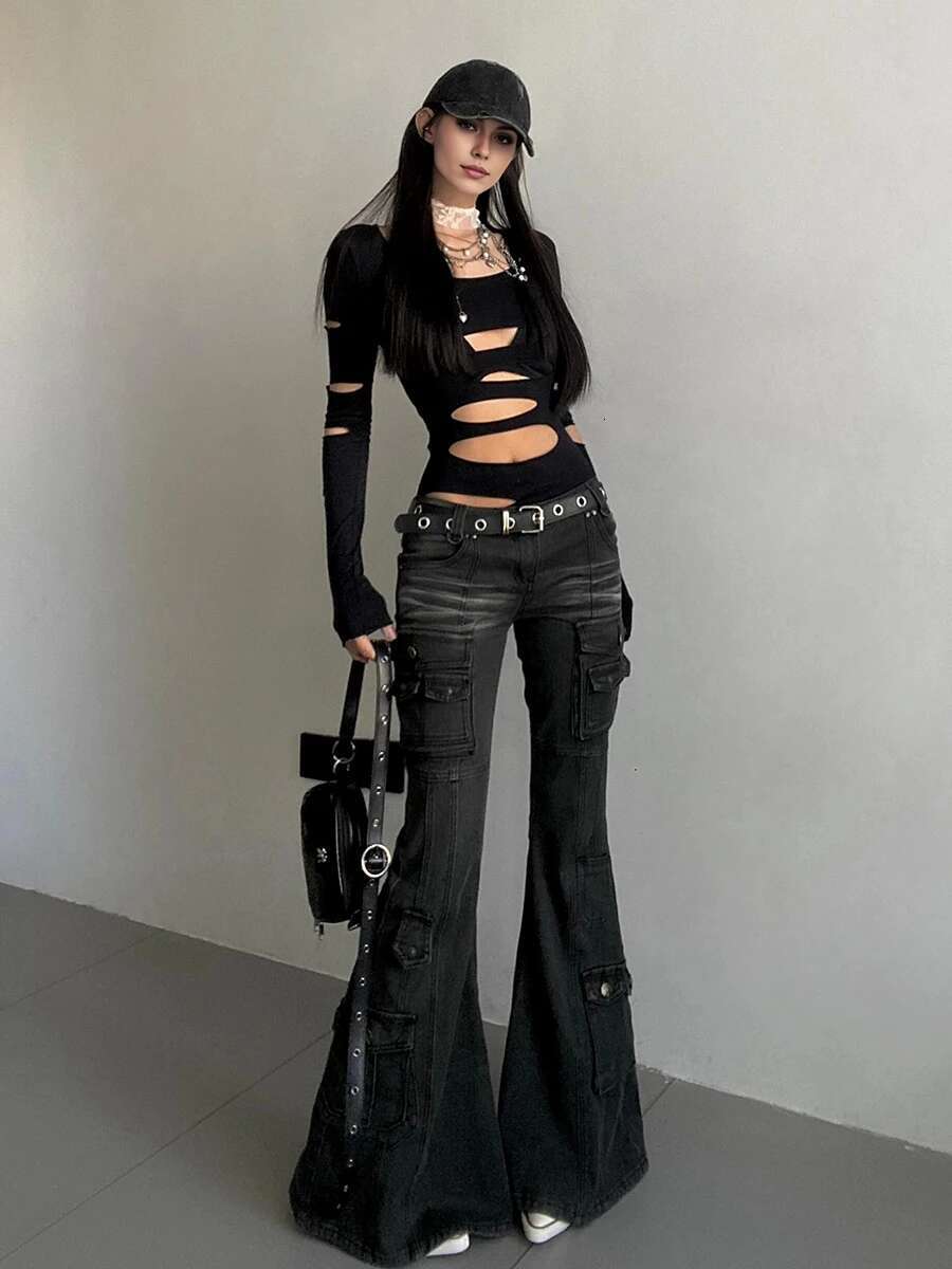 Reddachic Acubi Fashion Black Flare Jeans Retro Whiskers Skinny Stretch Low Rise Pockets Cargo Pants Women Grunge Alt Streetwear