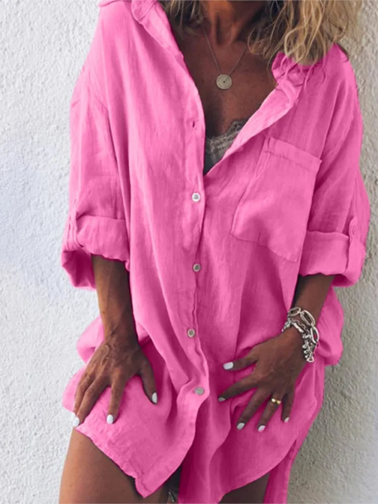 Summer womens clothing fashion cotton linen pocket beach fashion button top long sleeved casual and comfortable 250318