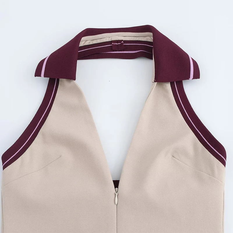 Willshela Women Fashion Beige Lace Up Front Zipper Backless Mini Dress Vintage Halter V-Neck Sleeveless Female Chic Lady Dresses 250324