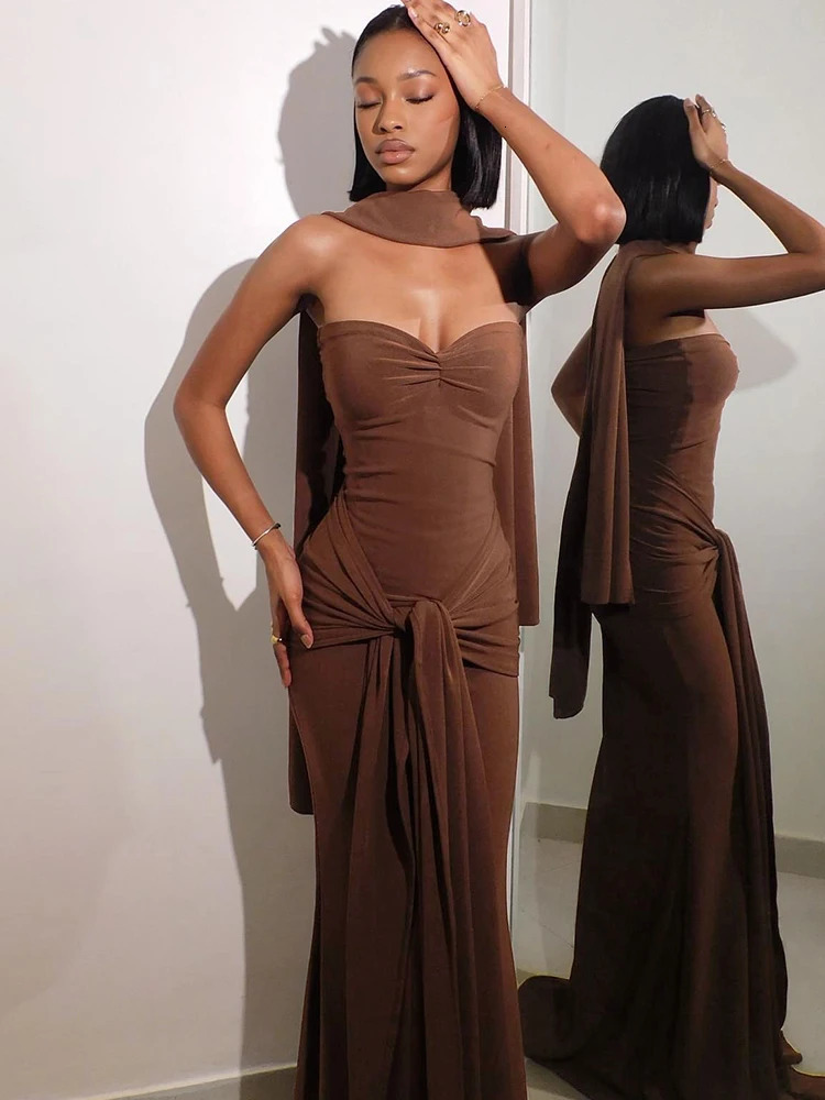 Weird Puss Elegant Strapless Dress Women Solid ScarfBackless Cross Knot Tassel Trend Prom Party CLassic Outfits 250320