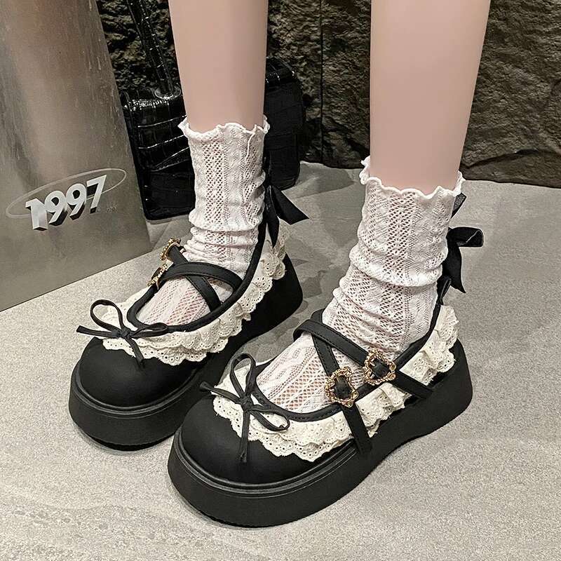 Women's round toe shallow lace cross straps, buckle, bow mid-heel fashion single outdoor Lolita, ladies Mary Jane shoes