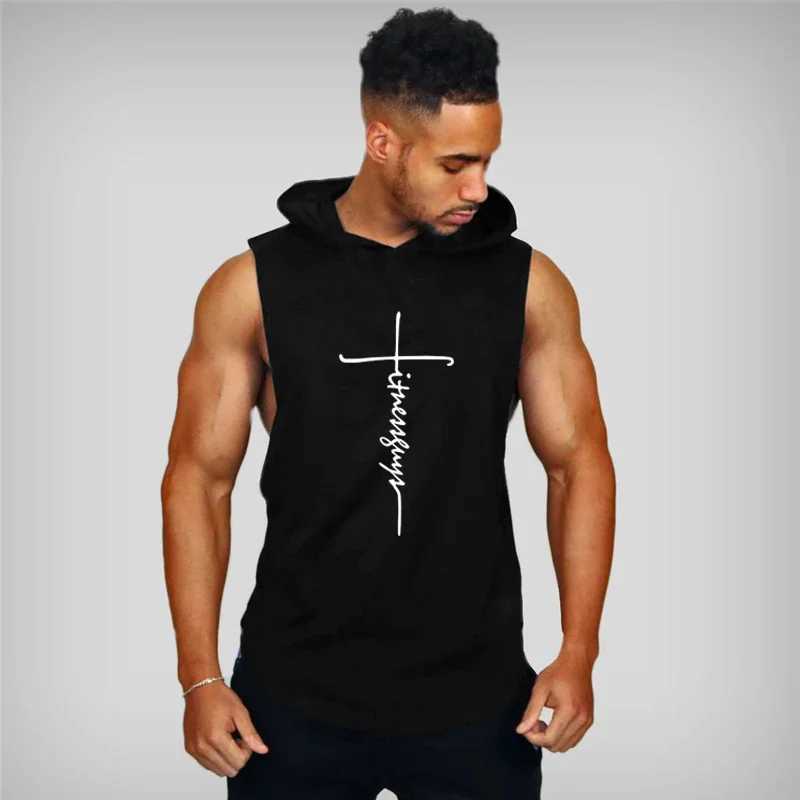 Muscle fitness mens gym clothing mens fitness hooded vest mens sleeveless running vest sportswear X250324