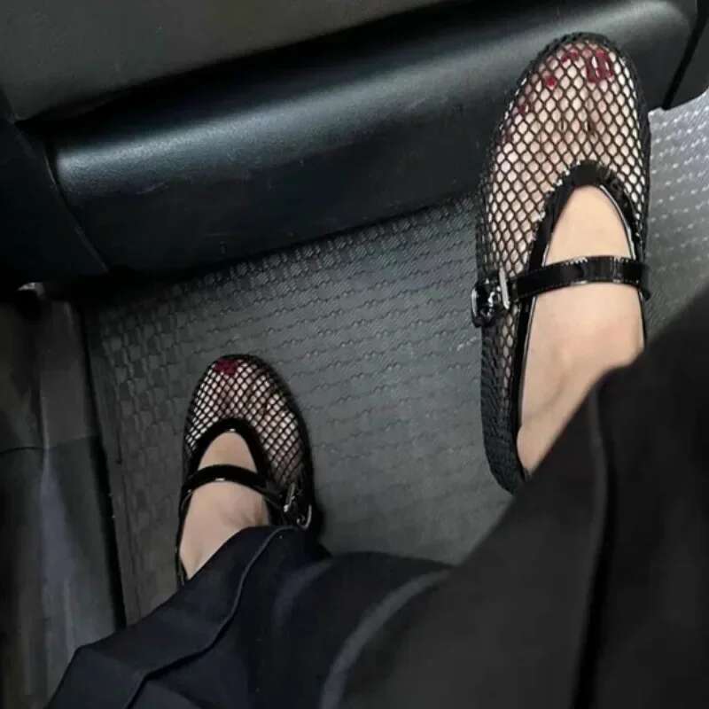 New Ballet Flat Shoes Women Mesh Hollow Outs Mary Jane Flats Black Loafers Summer Woman Walking Sandals Footwear Plus Size 42