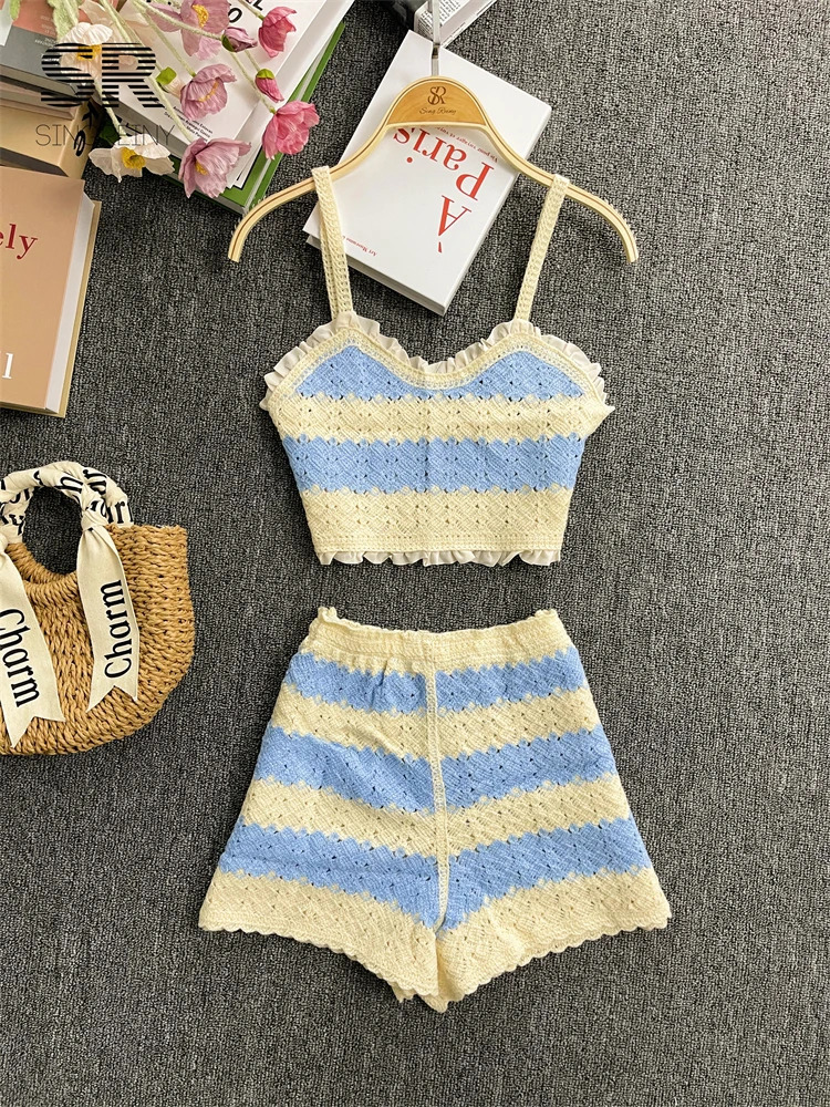 SINGREINY Backless Knit Beach Two Piece Set Women Elegant Strap Off Shoulder Camisole Elastic Waist Shorts Striped Summer Suit 250322