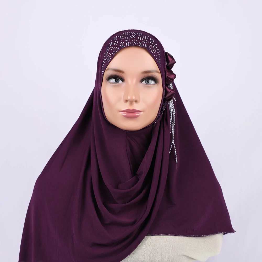 Light Purple Floral Muslim Hijabs High Quality Instant Turbine Spring/Summer Womens Solid Color Scarf Packaging Gift X250324