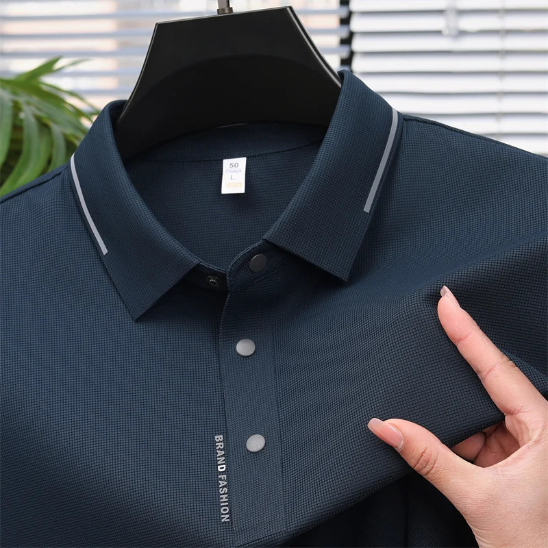Business polo shirt solid color quick drying Versatile top ice silk seamless short sleeved Tshirt mens 2024 summer item 250312