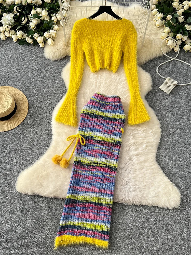 SINGREENY Winter Warm Knitted Two Piece Set O-neck Short TopHigh Waist Lace Upper Tight Clothes Slimming Womens Set 250322