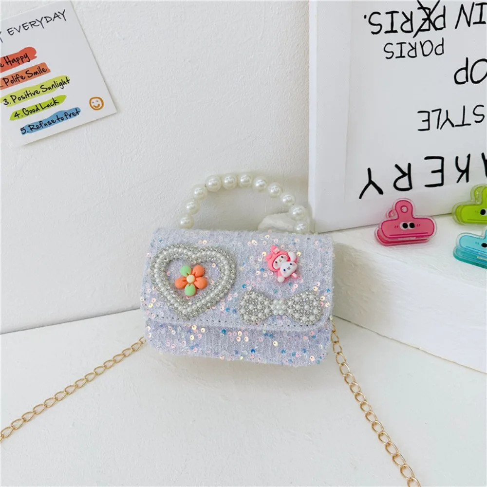 Korean style pearl childrens handbag lace bow princess shoulder messenger bag glitter coin purse pocket 250322