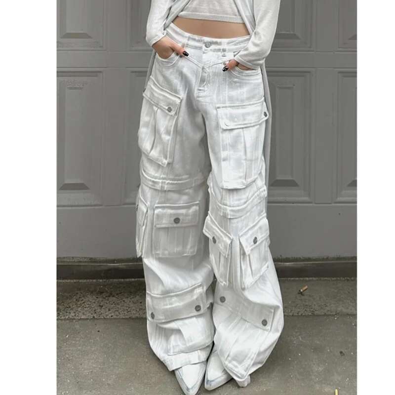 White Women Y2k Hip Hop Fashion Vintage High Waisted Cargo Jeans Streetwear Casual Loose Pockets Girl Wide Leg Denim Pants