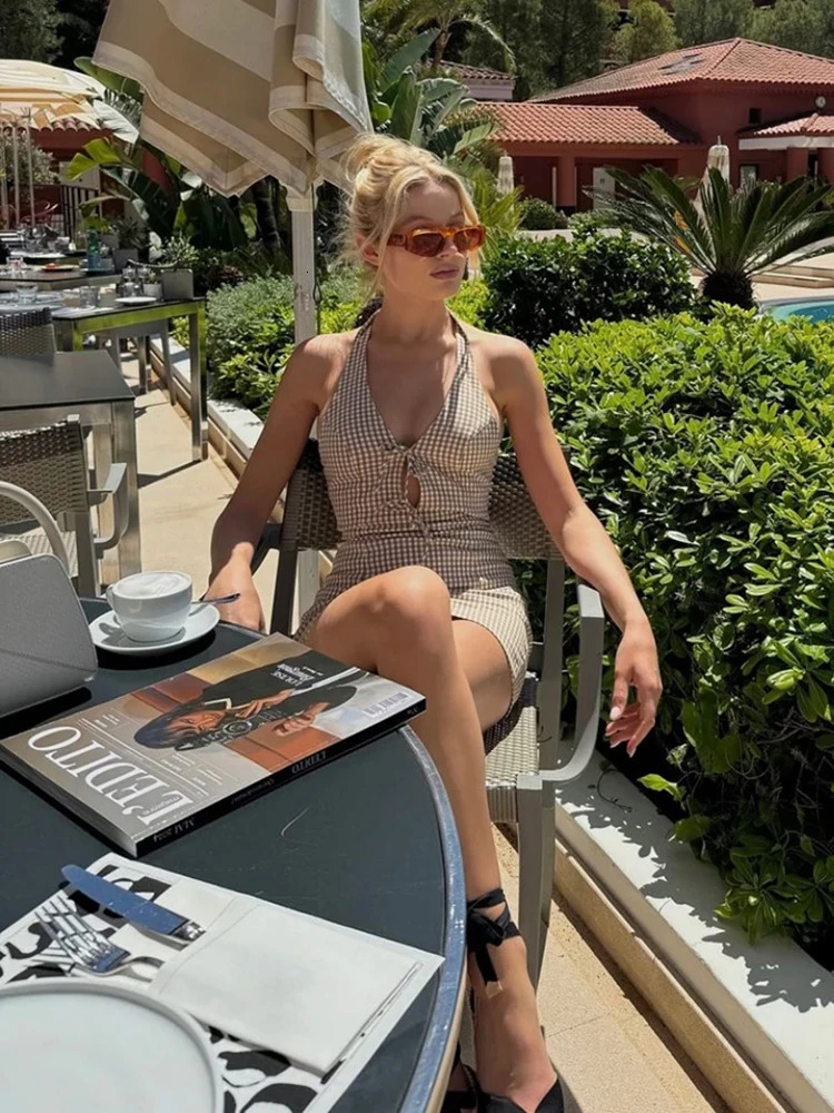 TRAF Womens Grid Print Hanging Neck Slim Dress Sexy Bow Trimmed Backless Mini Dresses Holiday Style Party Short Dresses 250324