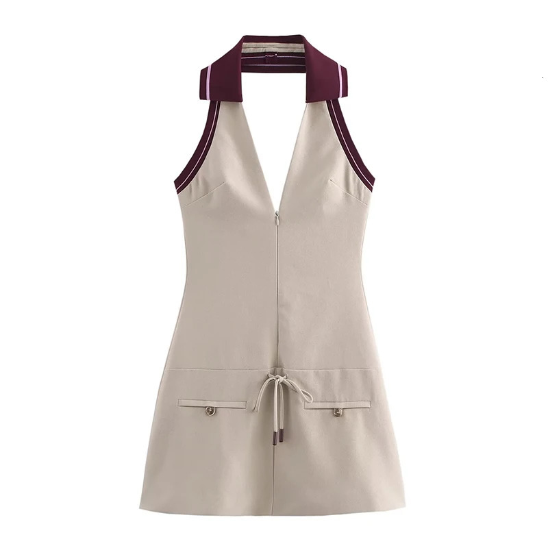 Willshela Women Fashion Beige Lace Up Front Zipper Backless Mini Dress Vintage Halter V-Neck Sleeveless Female Chic Lady Dresses 250324