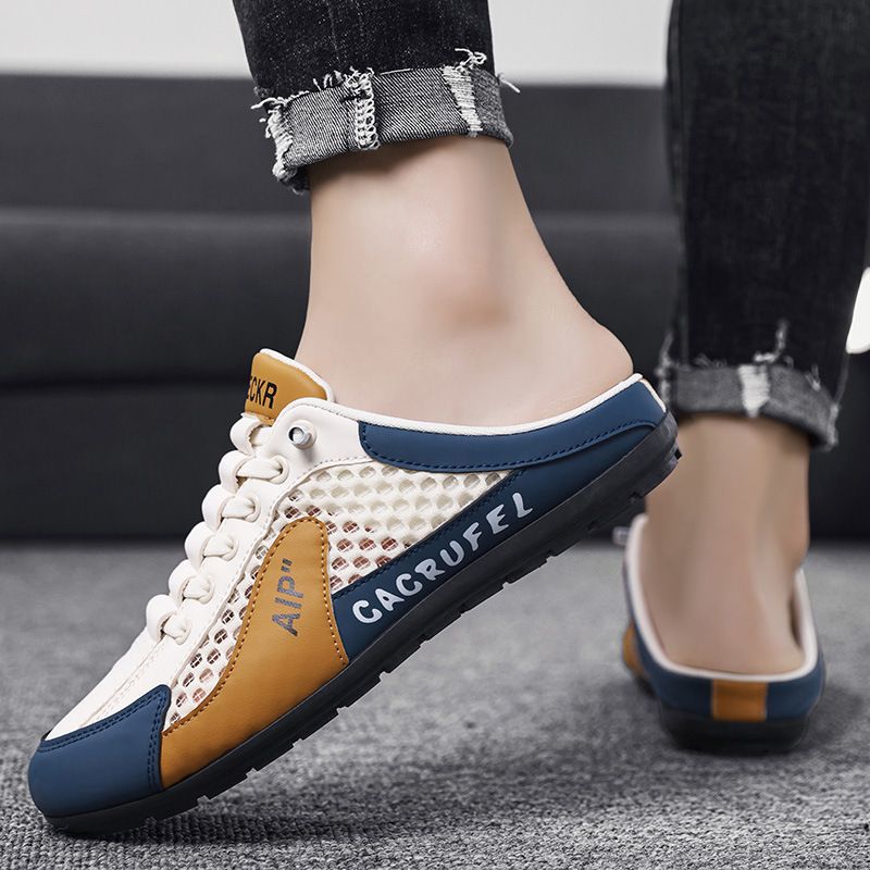 designer shoes 2025 Summer mesh breathable hole sandals for men thin style men's shoes Men's lazy one-step slip-on backless toe cap slippers