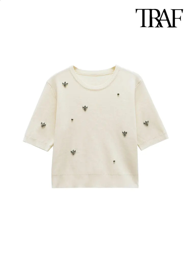 TRZA Women Fashion Jewel Bead Knit Top And High Elastic Waist Mini Skirt Female Two Piece Sets Mujer 250324