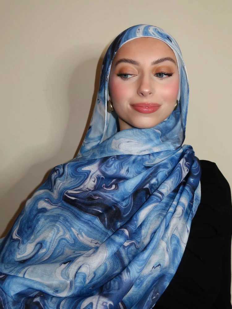 Ocean Abyss Printed Headscarf Breathable Lightweight Soft Cotton Artificial Silk Adhesive Weaving Muslim Yarn Watercolor Flower Scarf X250324