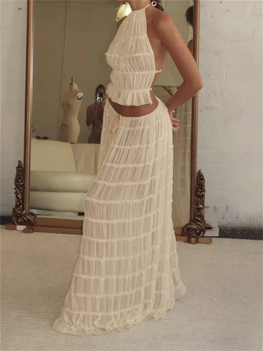Fashion Solid Halter Neck Long Skirt Suit Women Backless Sling Top Lace Up Fold Maxi Skirts 2024 Elegant Ladies 2 Piece Set 250317