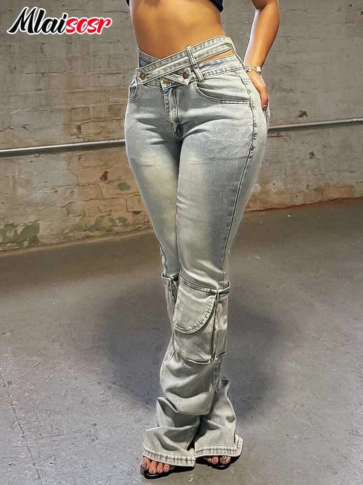Mlaiscsr Vintage Stretch Denim Pants Women Buttons Pocket Patchwork High Waist Cargo Jeans Autumn Winter Bottoms Y2k Streetwear