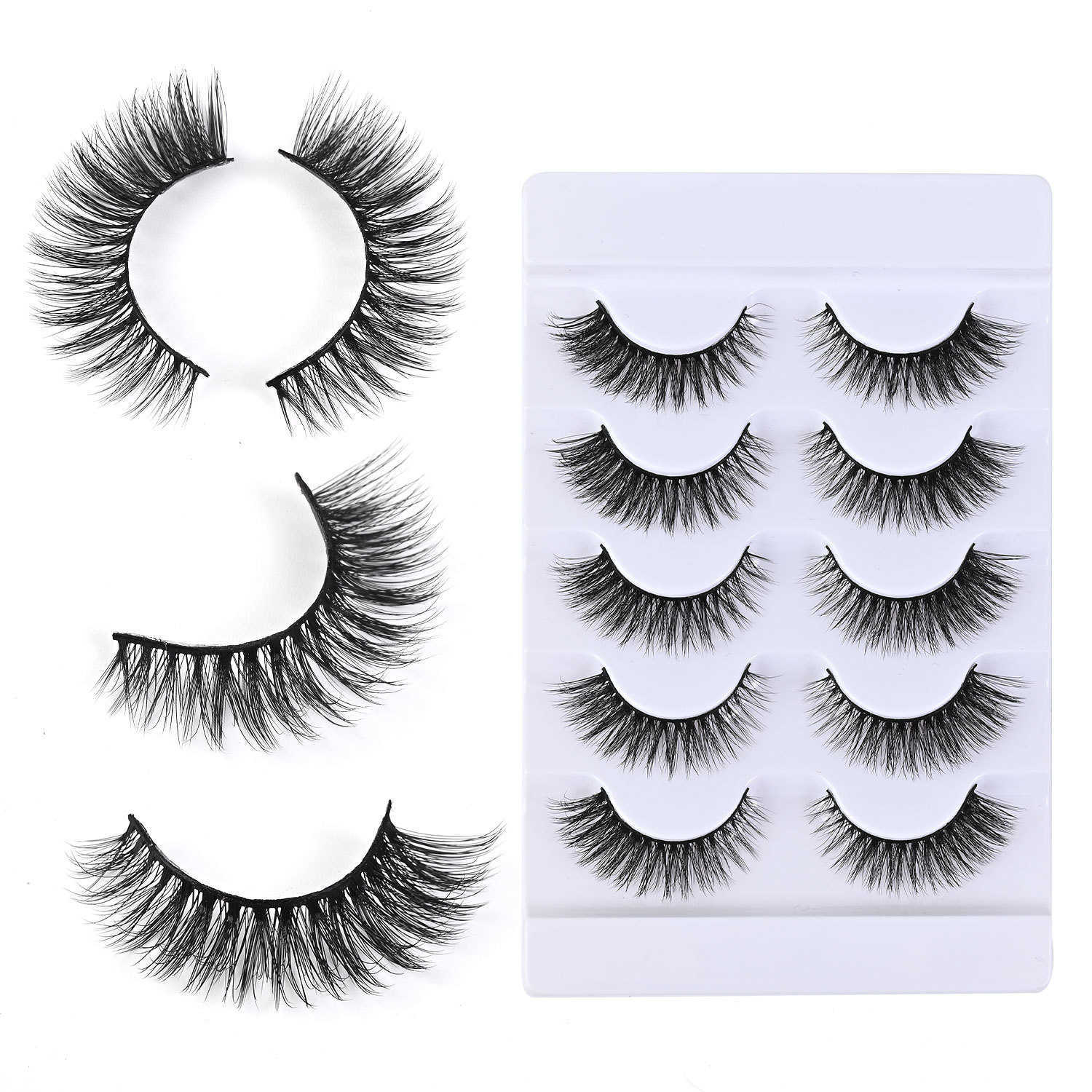 5 pairs of natural multi-layered hard stem false eyelashes with three-dimensional curling 5 pairs of black stem W250324