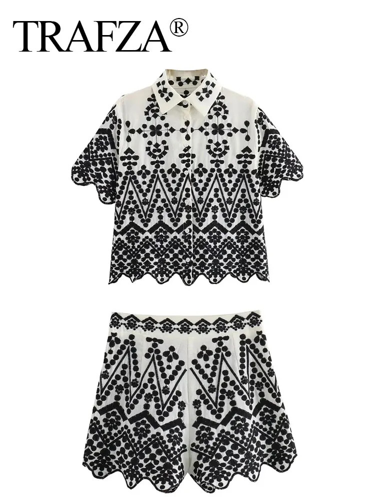 TRAFZA Womens Embroidered Shirt Shorts Set Flip Collar Short Sleeve Casual Side Zipper Street Clothing Y2K 250322