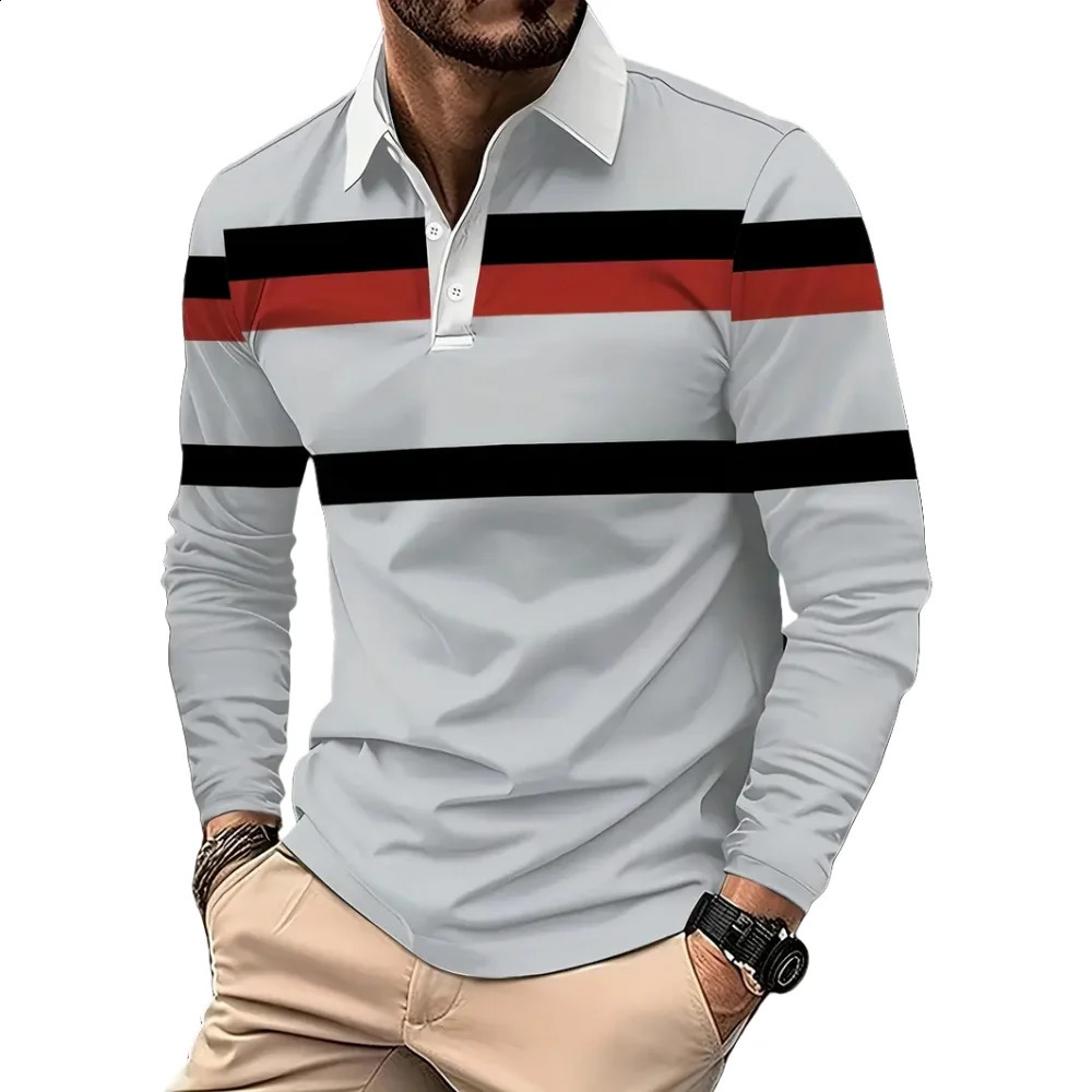 Vintage Stripe Print Mens Polo Shirts Fashion Lapel Golf Wear TShirt Tops Street Sports Long Sleeve T Shirt Clothing 250311