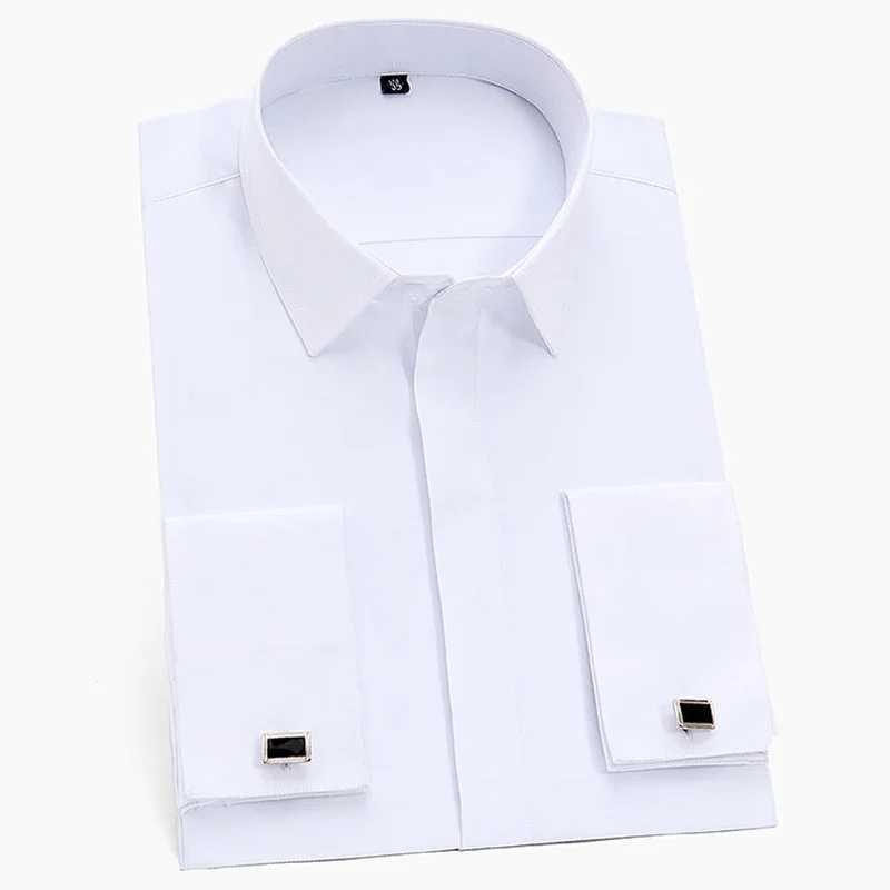 French cufflinks mens tailcoat business social shirt long sleeves covered buttons solid color mens dress white light blue pink X250324