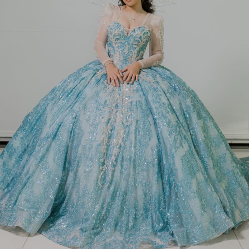 Blue Shiny Quinceanera Dresses Off The Shoulder Sequin Applique Lace Beads Tulle Long Sleeves Vestidos De 15 Anos Sweet 16 Dress