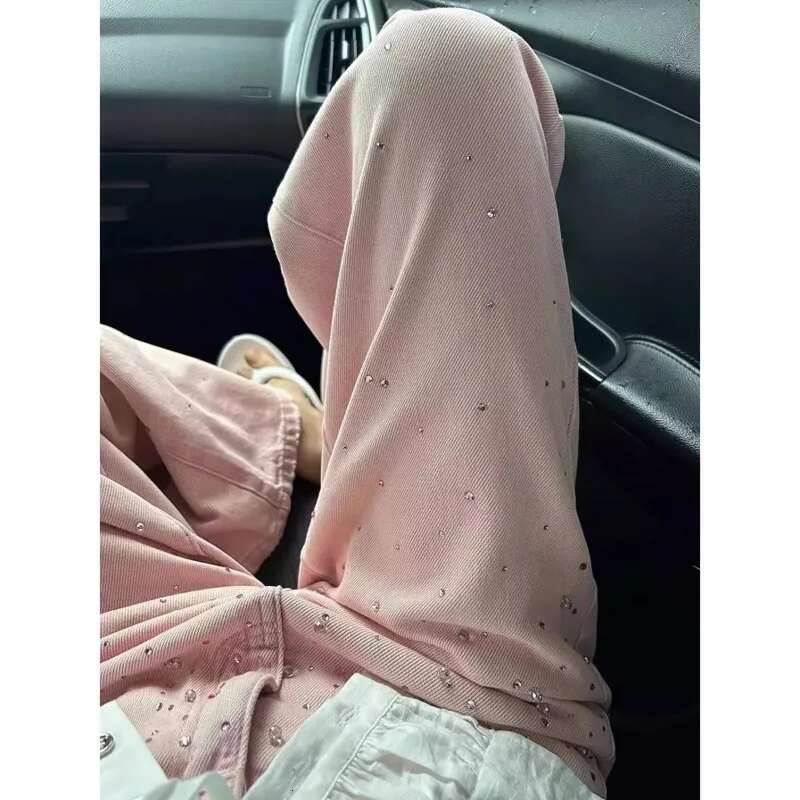 Rhie Design Street Wide-Leg Jeans High Waist Button Fly Pink Loose Denim Pants Casual Y2k Straight Trousers For Women