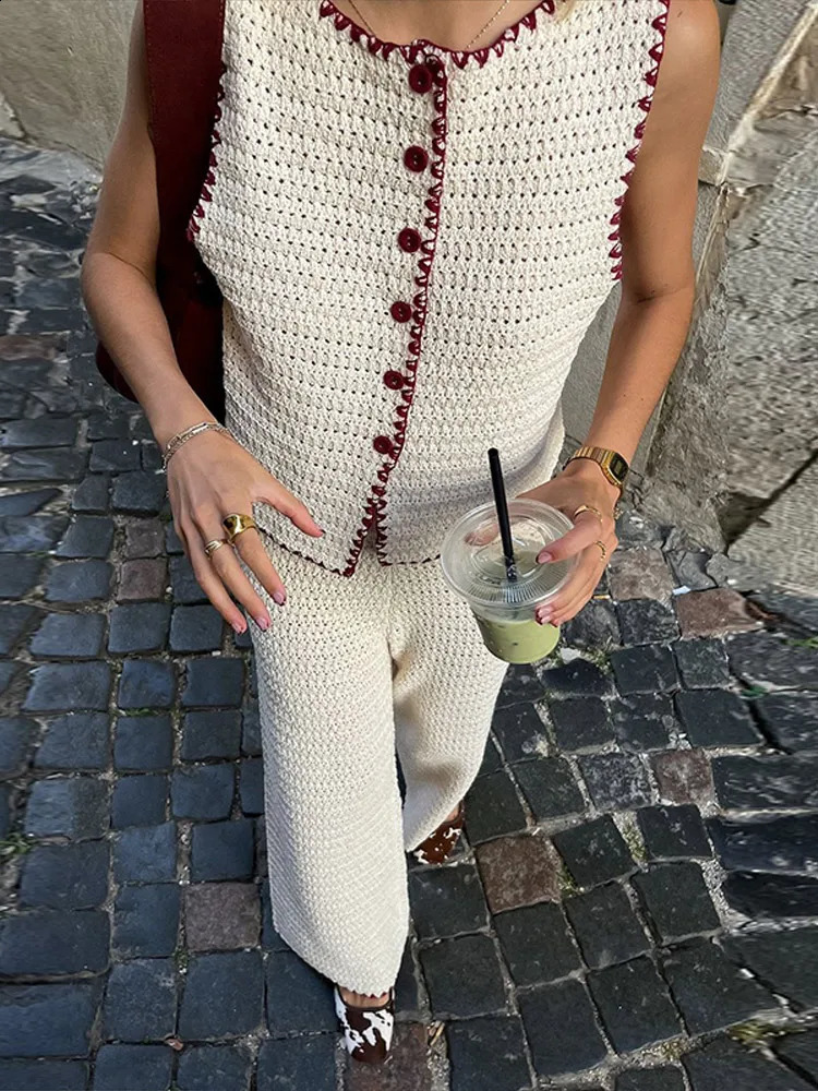 Color Contrast Knitted Vest Top Pants 2Piece Set Round Neck Sleeveless Waistcoat Cardigan Sweater Knitwear High-Waisted Trousers 250324