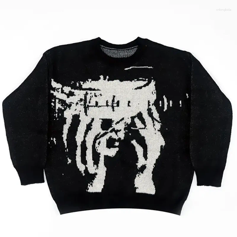 Mens Sweaters Men Autumn Winter Casual Sweater Streetwear Knitted Retro Gothic Portrait Print Pullover Hip Hop Graphic Harajuku Vintage