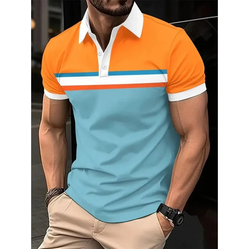 3D Printed Stripes Geometry Polo Shirt For Men Color Block Graphics Short Sleeves T-shirt Casual Button Tops Loose POLO Shirts 250324