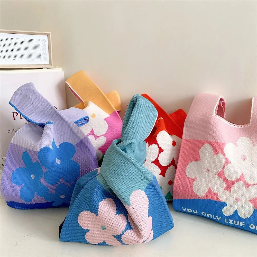Handmade Knitted Handbag Womens Mini Knot Wrist Bag Casual Colorful Flower Handbag Student Reusable Shopping Bag 250320
