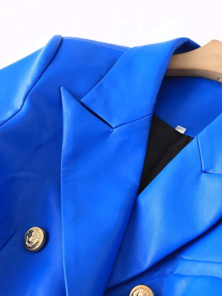 Autumn New High-Quality PU Leather Metal Buckle Pocket Slimming Temperament Suit Jacket Female Solid Color Fashion