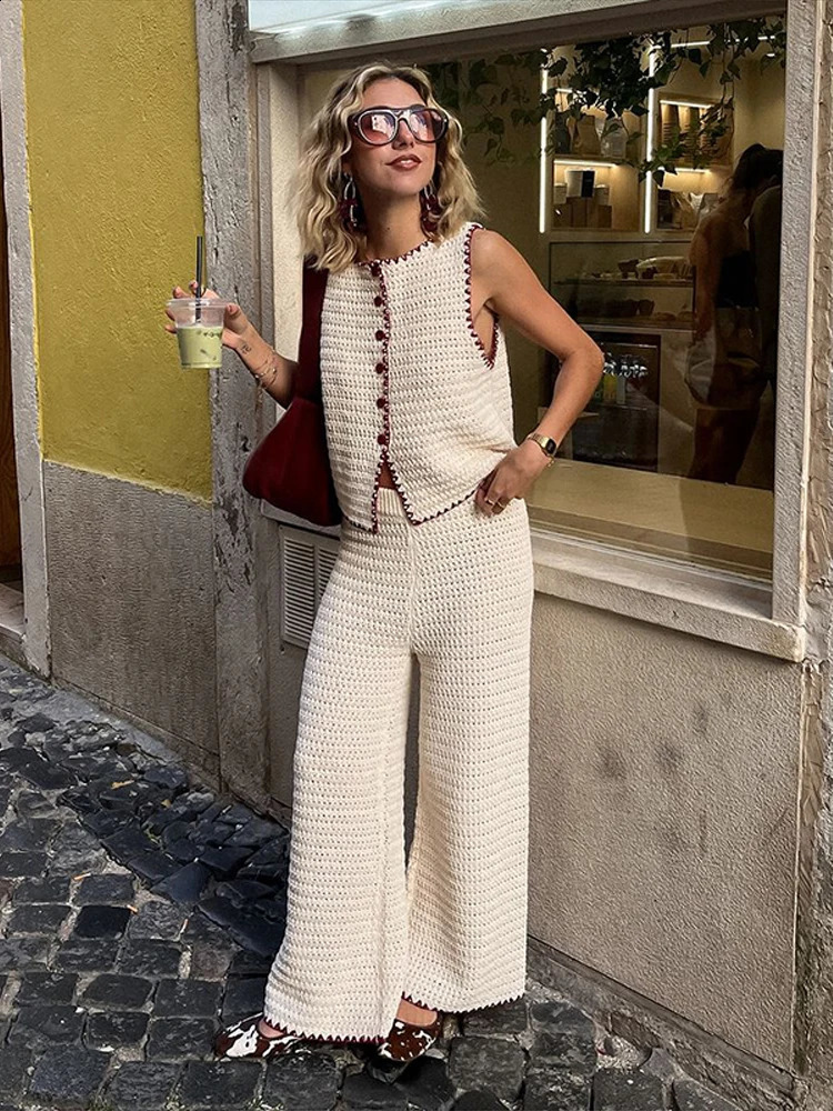 Color Contrast Knitted Vest Top Pants 2Piece Set Round Neck Sleeveless Waistcoat Cardigan Sweater Knitwear High-Waisted Trousers 250324