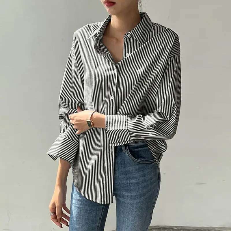 Women Striped Blouse Summer Elegant Shirts Casual Loose Long Sleeve Fashion Button Up Tunic Tops Blusas Femininas