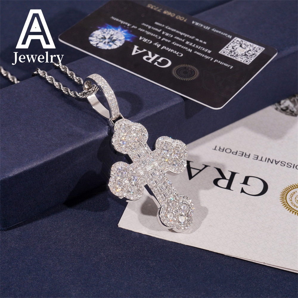 Hip Hop iced out Cross Pendant 925 Silver Baguette VVS Moissanite Cross Charm Pendants