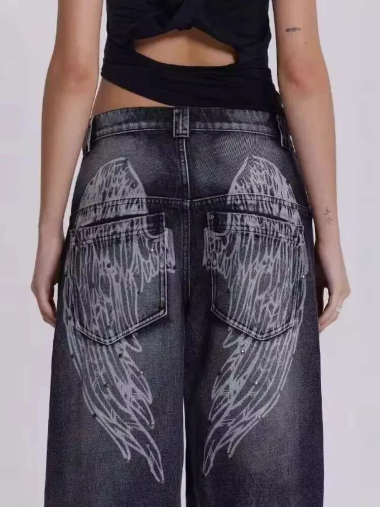 HOUZHOU Y2k Vintage Women Jeans Back Wing Printed Rivet Washed Wide Leg Denim Pants Baggy Distressed Casual Trousers Streetwear