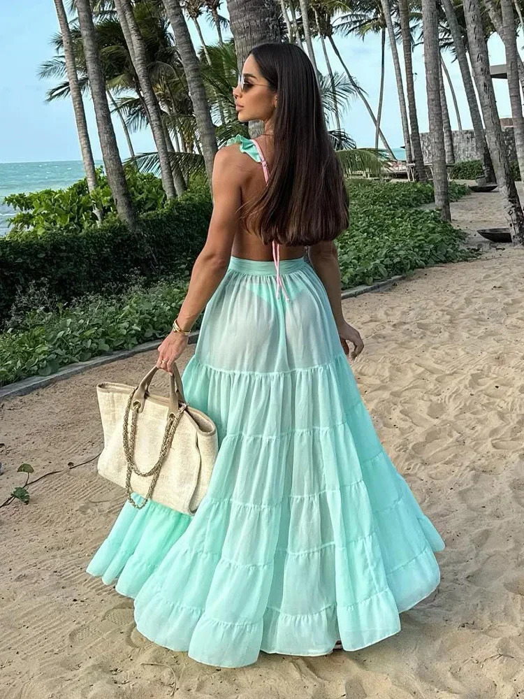 Ruffle 3 Piece Bikini Set Women Cute Swimsuit with Long Skirt Swim Cover Up Bathing Suit Sexy Beach Dress Vacation Wear K125 250324