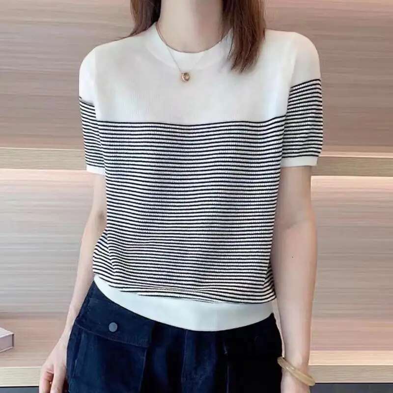 Women Summer T Shirt Vintage Striped Short Sleeve Tee Korean Fashion Round Neck Patchwork Tunics Casual Knitted Tops